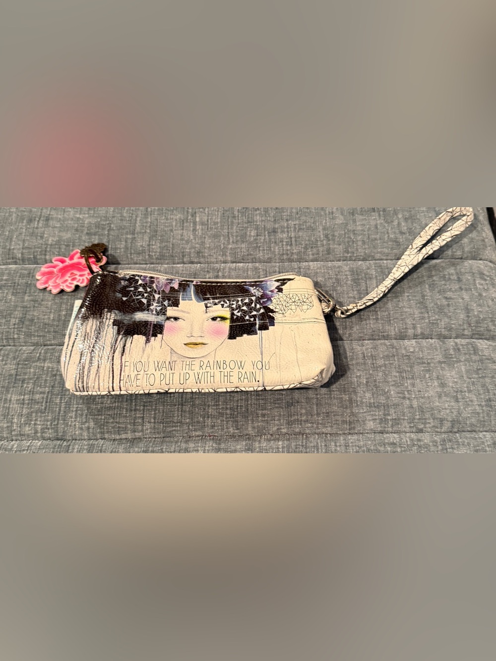Papaya Art Wristlet Clutch with Artistic Face Print in Cream and Pink